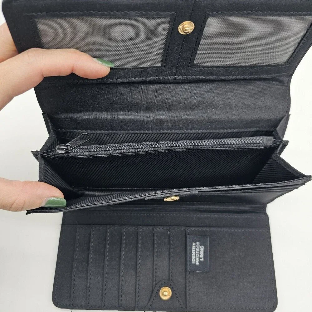 Tahari Tri Fold Wallet Black Faux Leather Credit Card Slots Vintage Snap Button